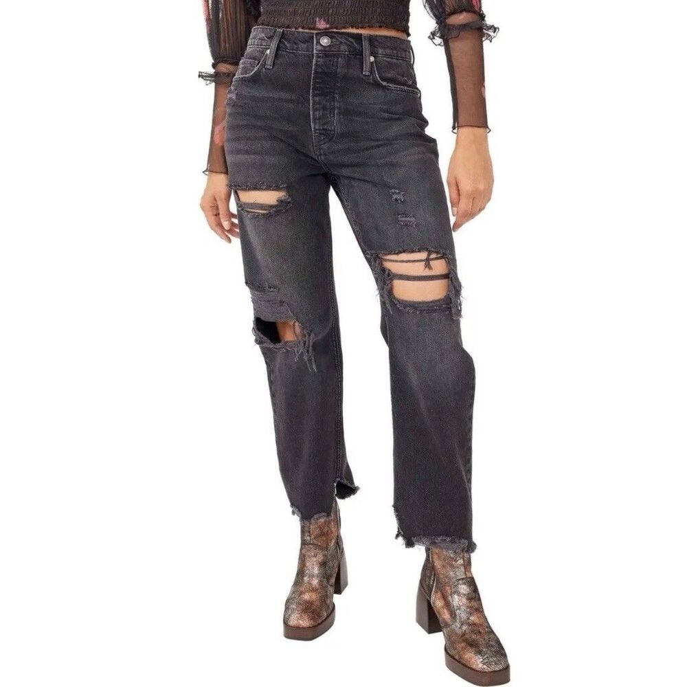 We The Free People Women's Black Distressed Frayed Ankle Ripped Baggy Jeans 26